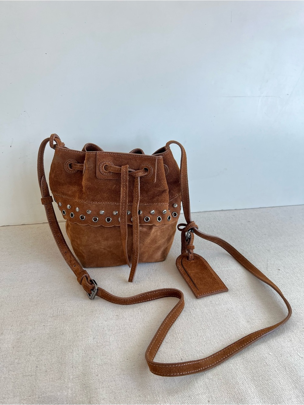 Vanessa Bruno Brown Suede Studded Drawstring Bucket Crossbody